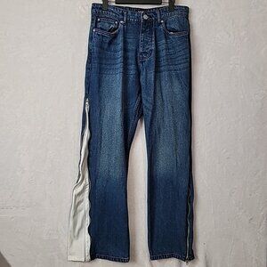 Boohoo Man Mens 32x30 Button Fly Blue Denim Flare Double Zip Panel Jeans